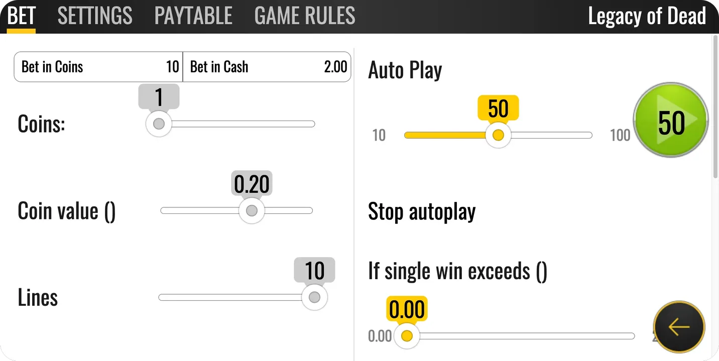 Legacy of Dead Bet Options